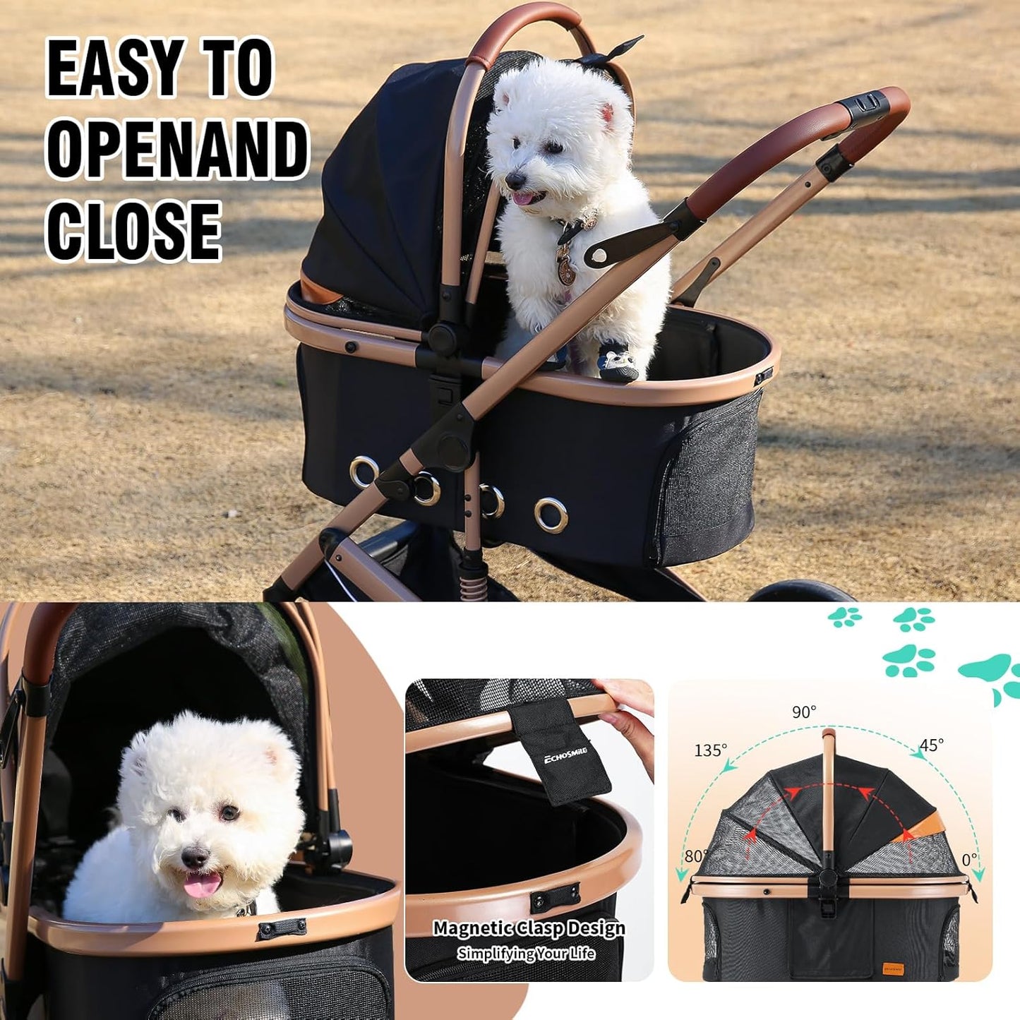 EchoSmile 4 in 1 Pet Stroller, Folding Lightweight Cat & Dog Stroller with Detachable Carrier, NO-Zip 180° Reversible Canopy, All Terrain 4-Wheel,45 lbs Capacity for Small to Medium Dogs