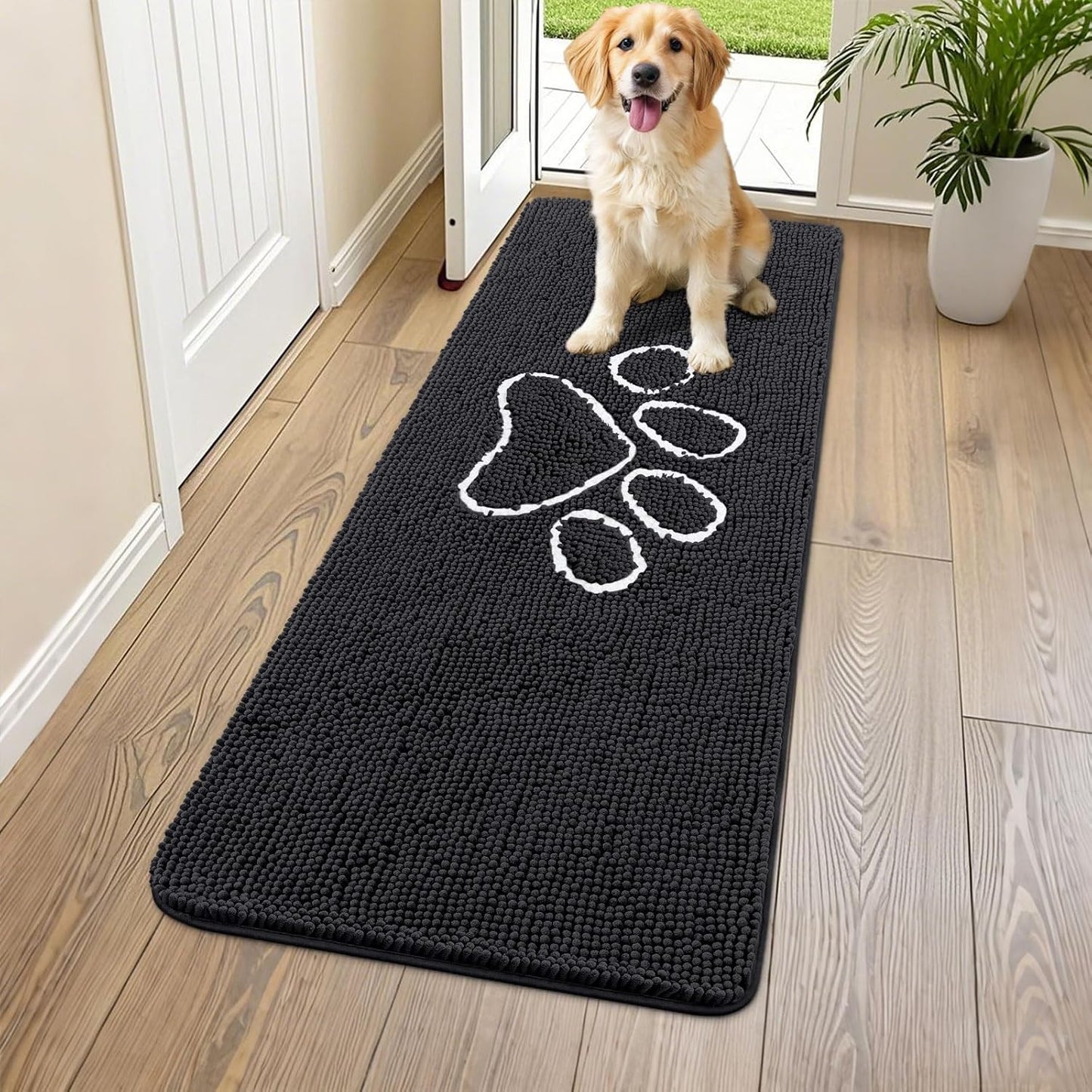 Smiry Dog Door Mat for Muddy Paws, Absorbent Dirt Trapper Non Slip Quick Dry Washable Chenille Mat for Mud Dogs, Entry Rug for Indoor and Outdoor (59x24 Inches, Black)