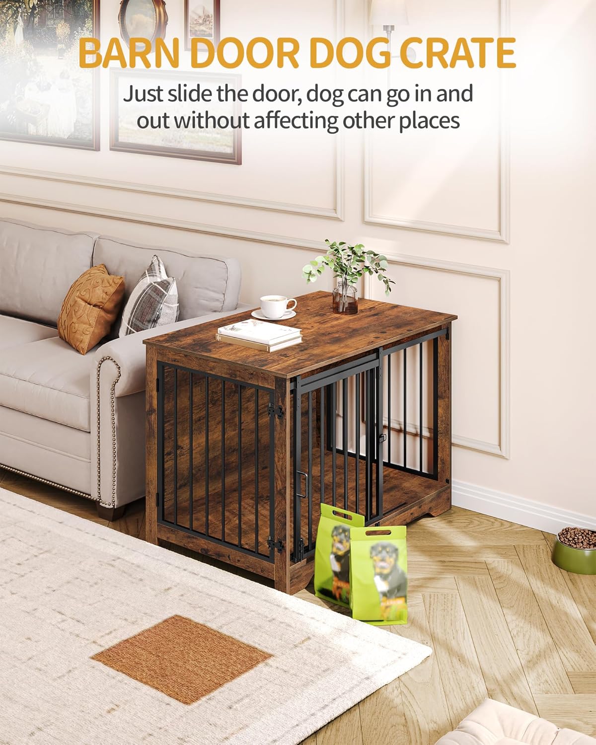 39.3" Dog Crate Furniture with Barn Door, Heavy Duty Dog Kennel Indoor with 2 Doors, Wooden Pet Cage End Table for Large Small Medium Dogs, Anti-Chew Anti-Escape, Rustic Brown DFC02301B