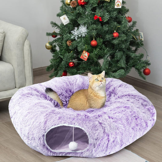 AUOON Cat Tunnel Bed for Indoor Cats - Circle Peekaboo Cat Cave with Washable Mat for Indoor Cats Kitten Kitty Puppy Rabbit Ferret (Purple)