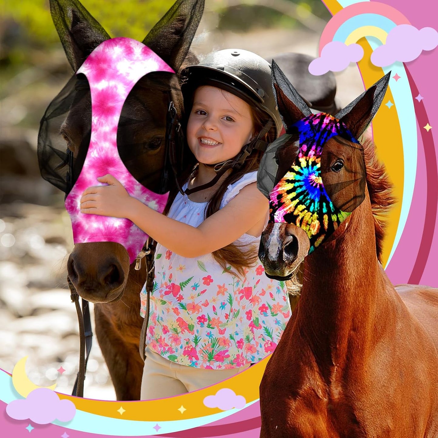 Chunful 6 Pcs Horse Fly Masks with Ears Smooth and Comfortable Cashel Mesh Fly Mask Elasticity Breathability UV Protection Horse Face Covering for Riding Supplies(Tie Dye,Medium)