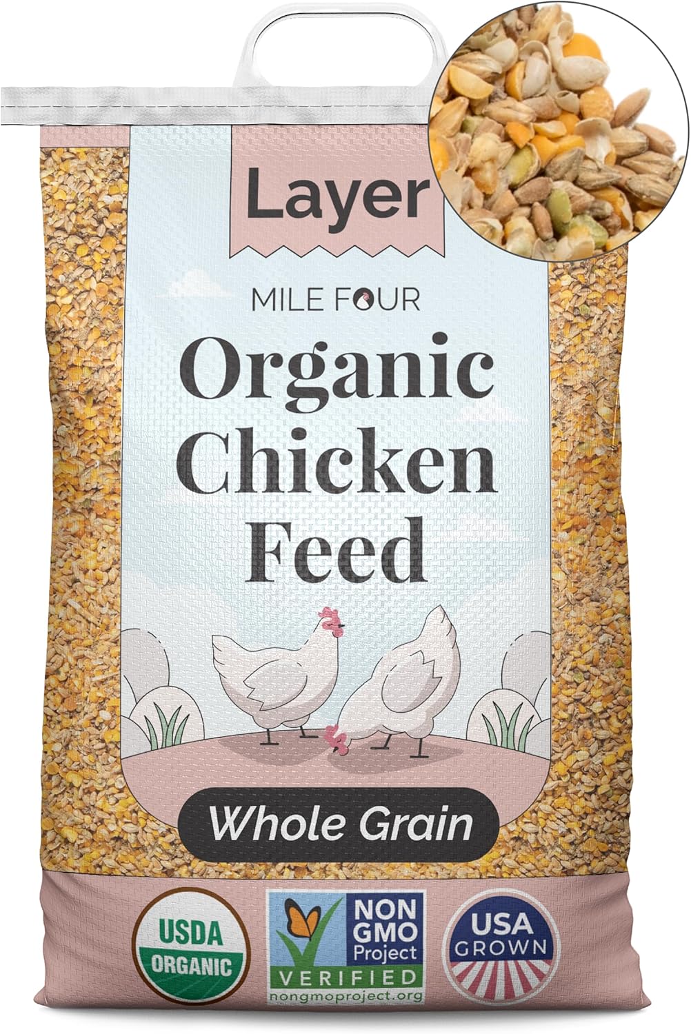 Organic Chicken Feed – Layer Whole Grain, Non-GMO, USA Grown, 16% Protein, Corn-Free, Soy-Free, Non-Medicated Feed for Chickens, 46 lbs