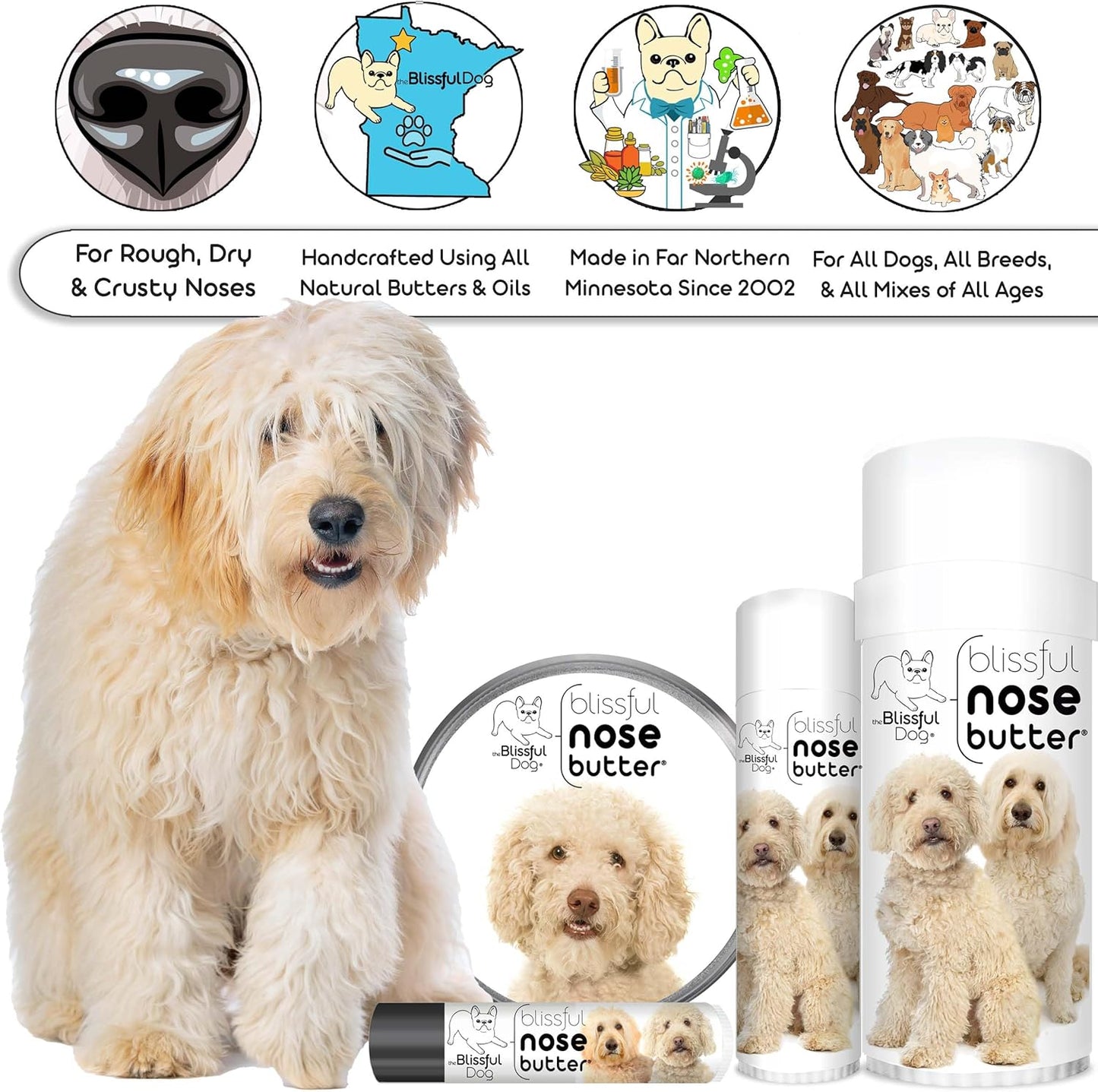 The Blissful Dog Goldendoodle Nose Butter for Dry, Cracked Skin, Lick-Safe Dog Nose Balm with Moisturizing Shea Butter, Almond, Olive, and Essential Oils, Pet Supplies, Uncented, 8 oz.