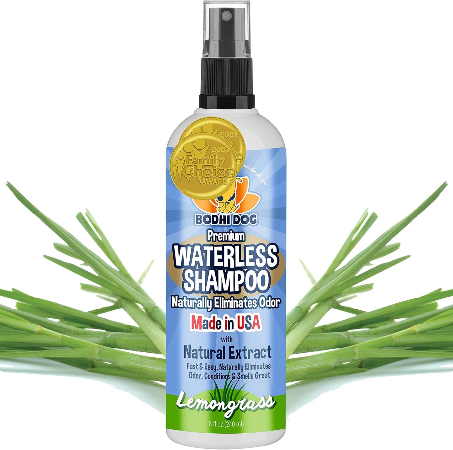 Bodhi Dog Waterless Shampoo for Dogs & Cats - Natural Dry Shampoo, Neutralizes Odor, No Rinse Needed, Safe for All Breeds - Made in USA - Lemongrass Scent (8 Fl Oz)