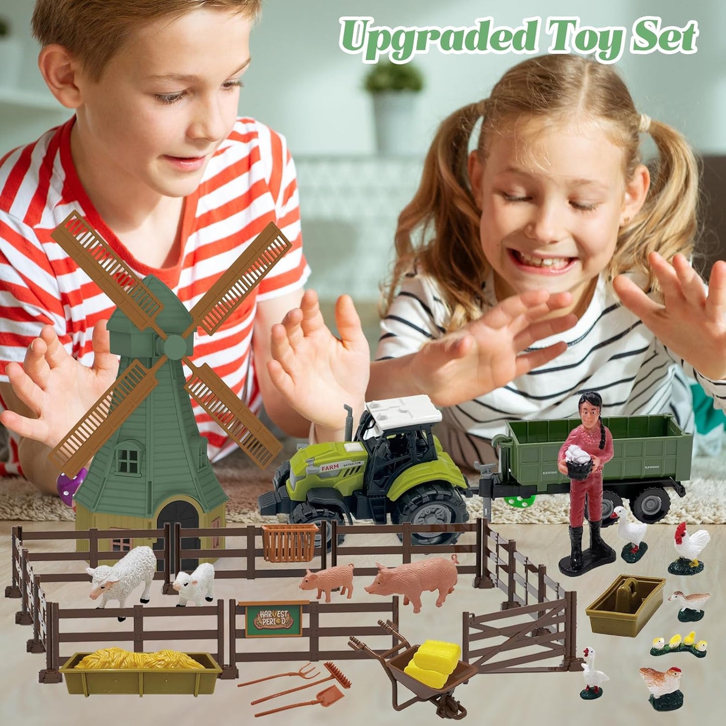 82PCS Farm Animals Toys Set Comes with Tractor Trailer, Windmill, Farmer, Fence - Playset for Kids Toddlers Boys Girls 5+ Years Old