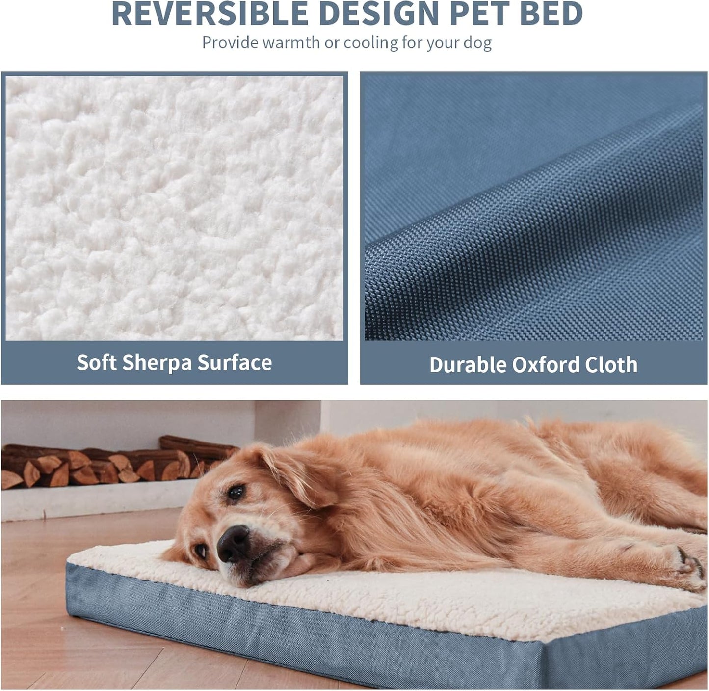 Dog Beds for Large Dogs, Orthopedic Dog Bed for Extra Large Dogs, Big Waterproof Pet Bed with Washable Removable Oxford Cover, Blue White