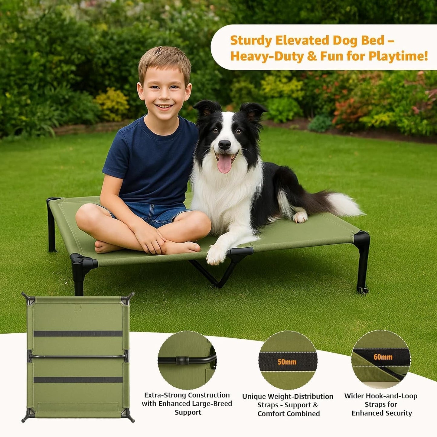 Sytopia Canvas Elevated Dog Bed, Durable Chew Proof Outdoor Raised Pet Cot for Large Dogs, Waterproof, Breathable, Portable, Washable, Easy Assembly, Sturdy Frame for Camping & Travel, Green