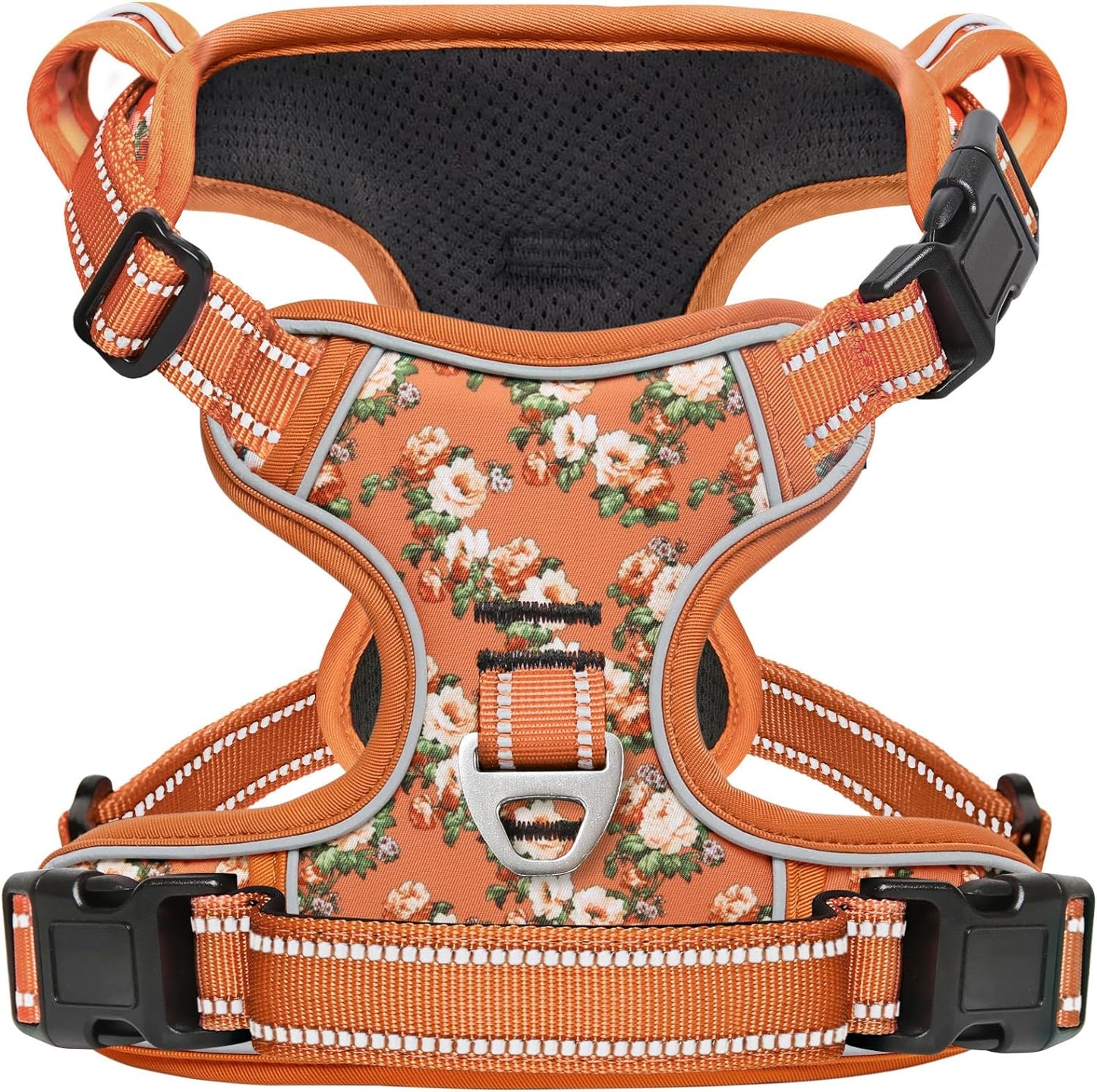 Timos Dog Harness for Medium Dogs, No Pull Service Vest with Reflective Strips and Control Handle,No Choke Dog Harness with 2 Metal Rings for Easy Walking,Outdoor Training,Flower Orange, M