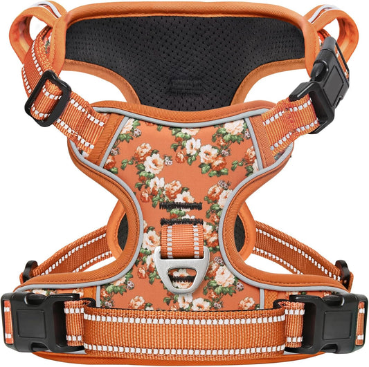 Timos Dog Harness, No Pull Dogs Harness 3 Snap Buckles Adjustable Reflective No Choke Pet Vest for Small Dog with Soft Padded Control Training Handle for Outdoor Training,Flower Orange, XS