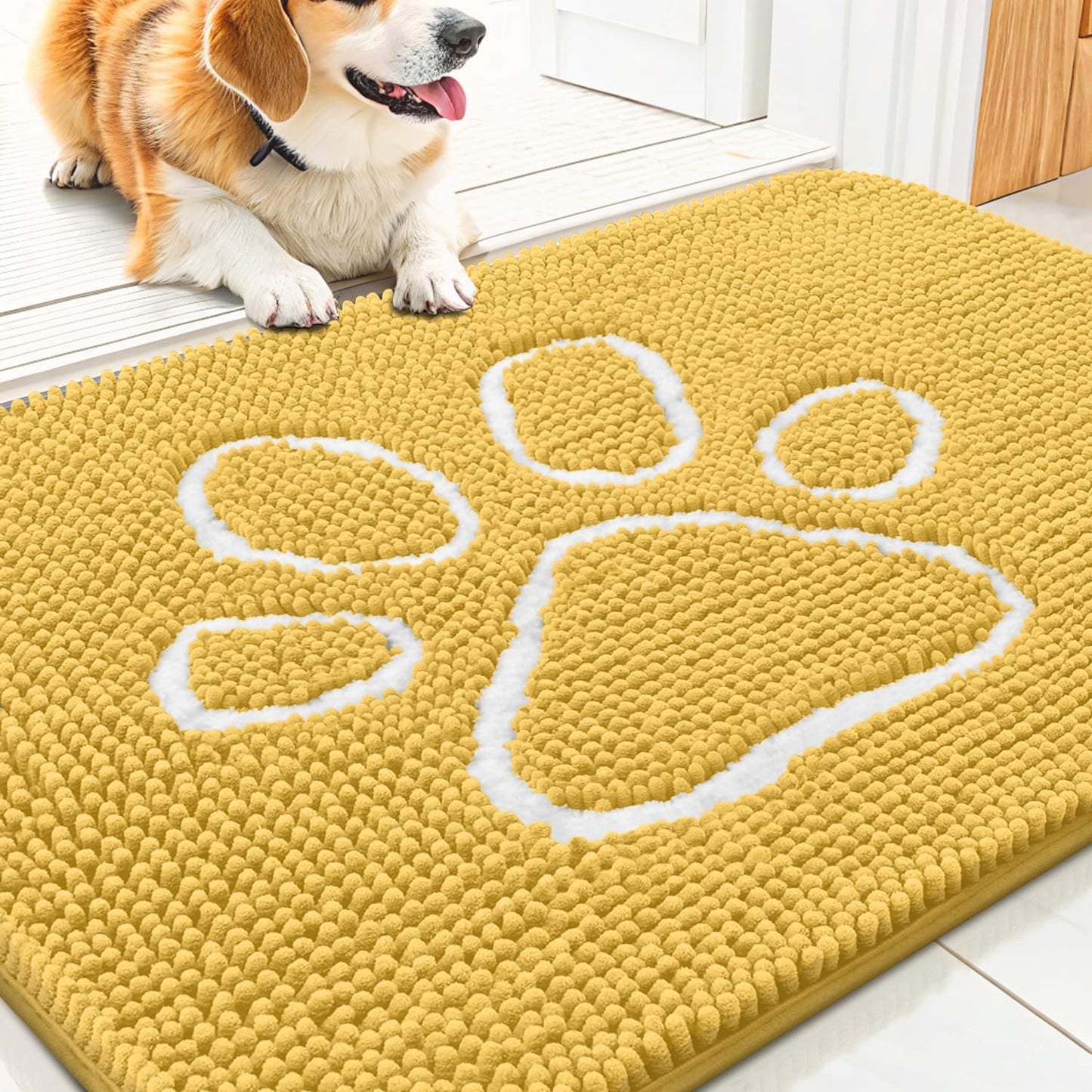 Smiry Dog Door Mat for Muddy Paws, Absorbent Dirt Trapper Non Slip Quick Dry Washable Chenille Mat for Mud Dogs, Entry Rug for Indoor and Outdoor (30x20 Inches, Yellow)