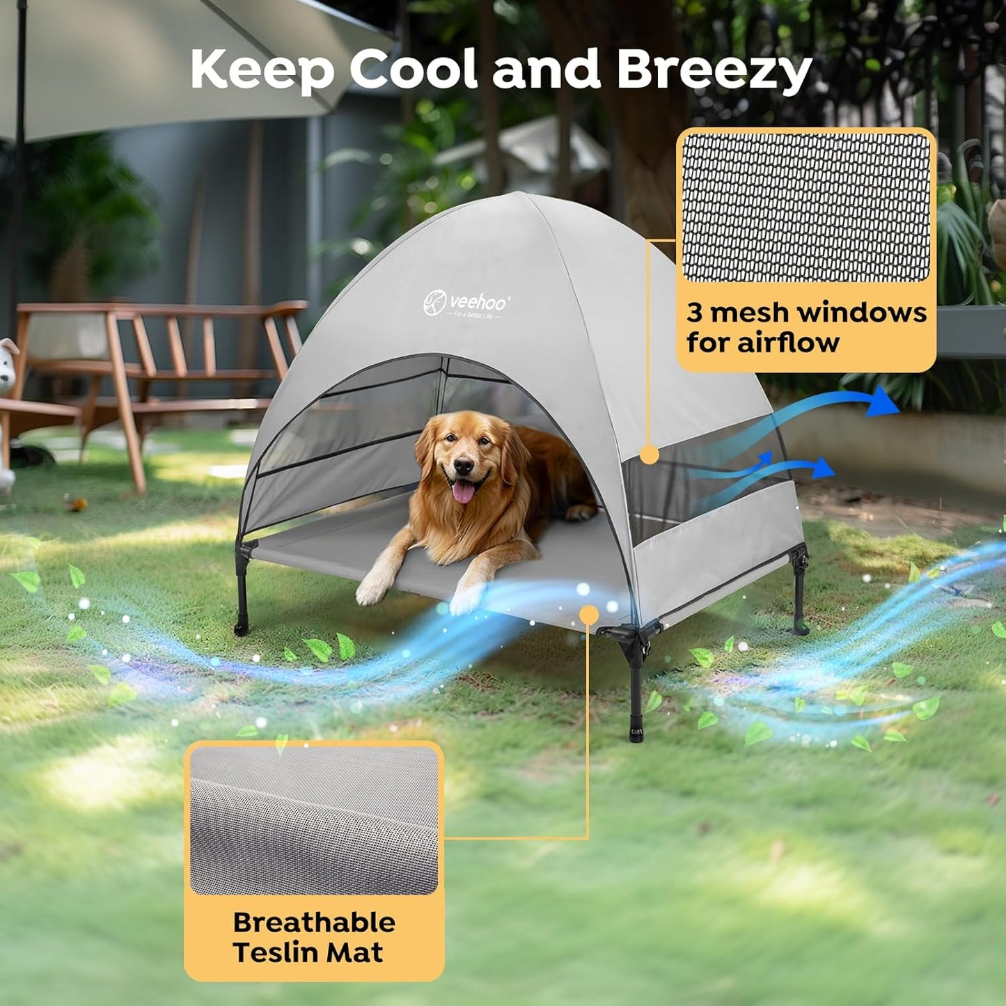 Veehoo Outdoor Dog Bed with Canopy, Cooling Elevated Pet Cot with Removable Shade, Non-Slip Feet, Raised Dog Cot for Large Dogs, Pet Tent Bed for Camping, Beach, Large, Grey, CWC2411