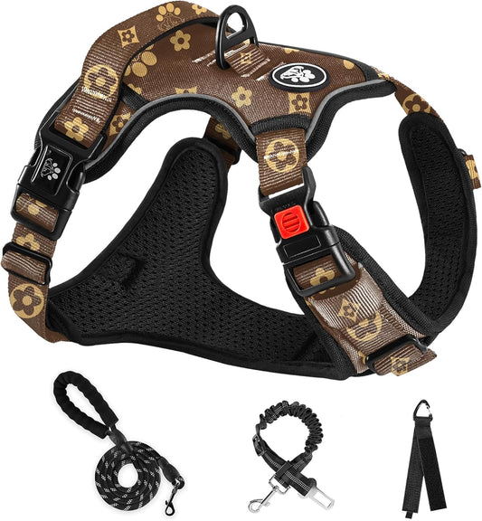 NESTROAD No Pull Dog Harness,Adjustable Oxford Dog Vest Harness with Leash,Reflective No-Choke Pet Harness with Easy Control Soft Handle for Medium Dogs(Medium,Dark Brown)