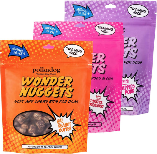 Polkadog Wonder Nuggets Variety 3-Pack– Includes Peanut Butter, Turkey & Cranberry, Apple & Pork – Soft & Chewy, Limited Ingredient Healthy Training Treats – Natural, Made in USA – 10 oz (Pack of 3)