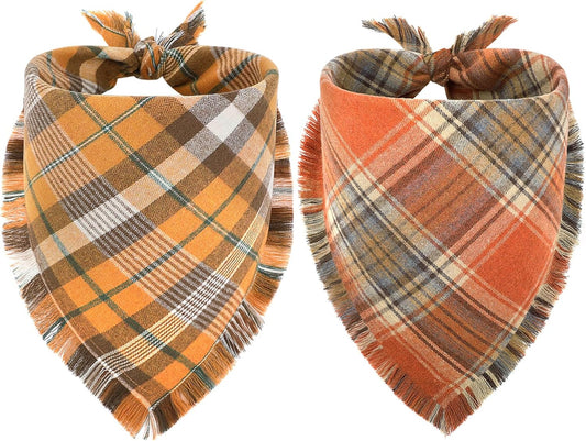 Vivifying Halloween Dog Bandanas, 2 Pack Thanksgiving Fall Classic Plaid Dog Scarf with Tassels Edges, Funny Pet Apparel & Accessories Costume for Photo Prop, and Party Decor (X-Large, Yellow&Orange)