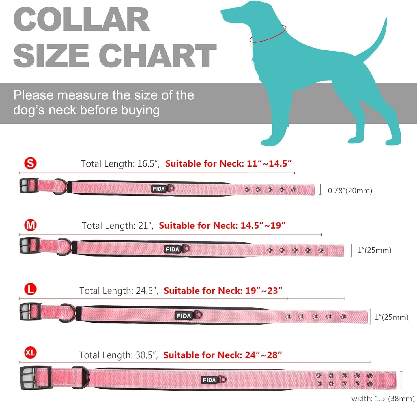 Fida Heavy Duty Dog Collar, Ultra Comfortable Soft Neoprene Padded, Adjustable Reflective Nylon Pet Collar with Durable Metal Belt Buckle for Large Breeds (L, Pink)