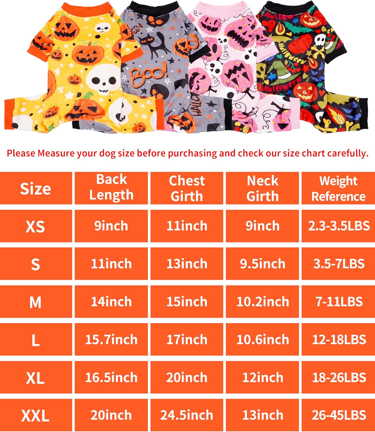PET SHOW 4 Pack Halloween Small Dog Pajamas for Doggie Puppy Cats Kitten Onesies Pumpkin Ghost Soft Fleece Stretchy Jumpsuit Costume Boy Girl Pets PJs with Sleeve Clothes(XS)
