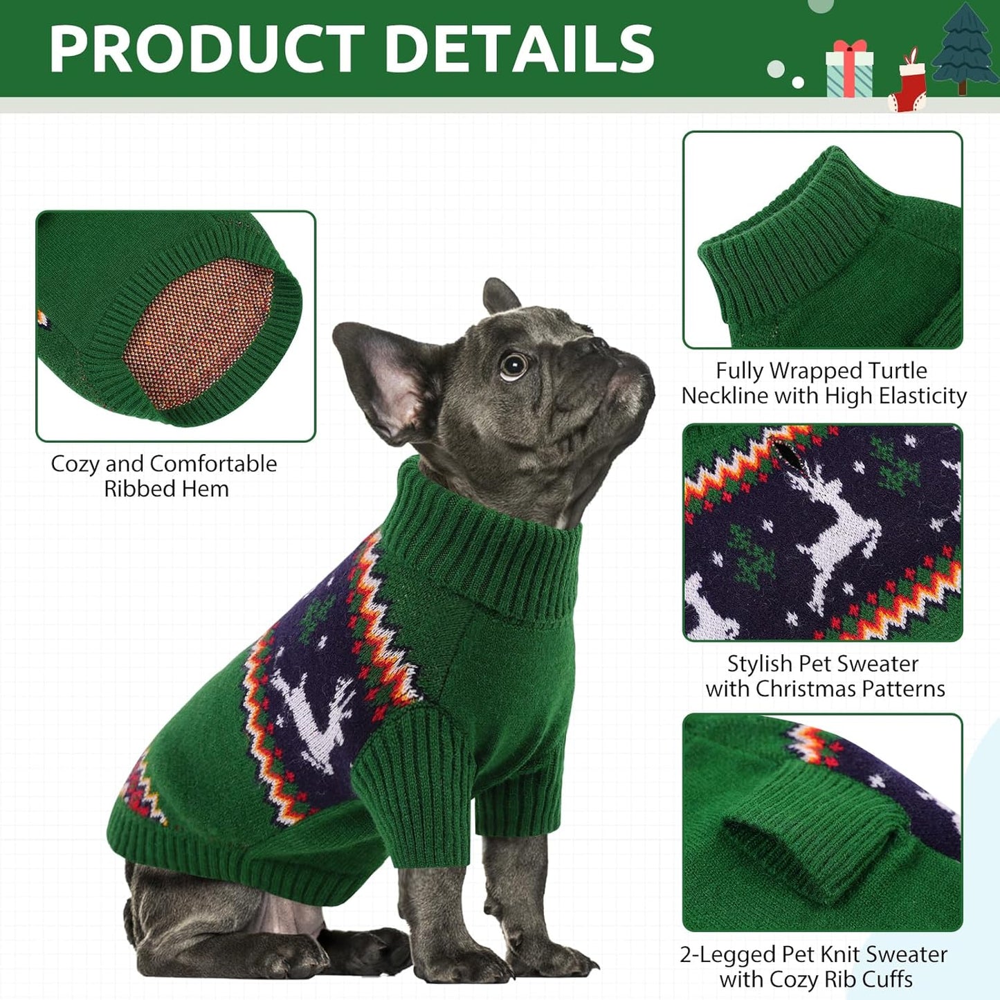 Queenmore Dog Christmas Sweater,Turtleneck Knitted Pullover Xmas Pet Clothes Sweatshirt,Christmas Outfit, Warm Dog Sweaters for Small Dogs Boy Girl,XmasDeer,XS