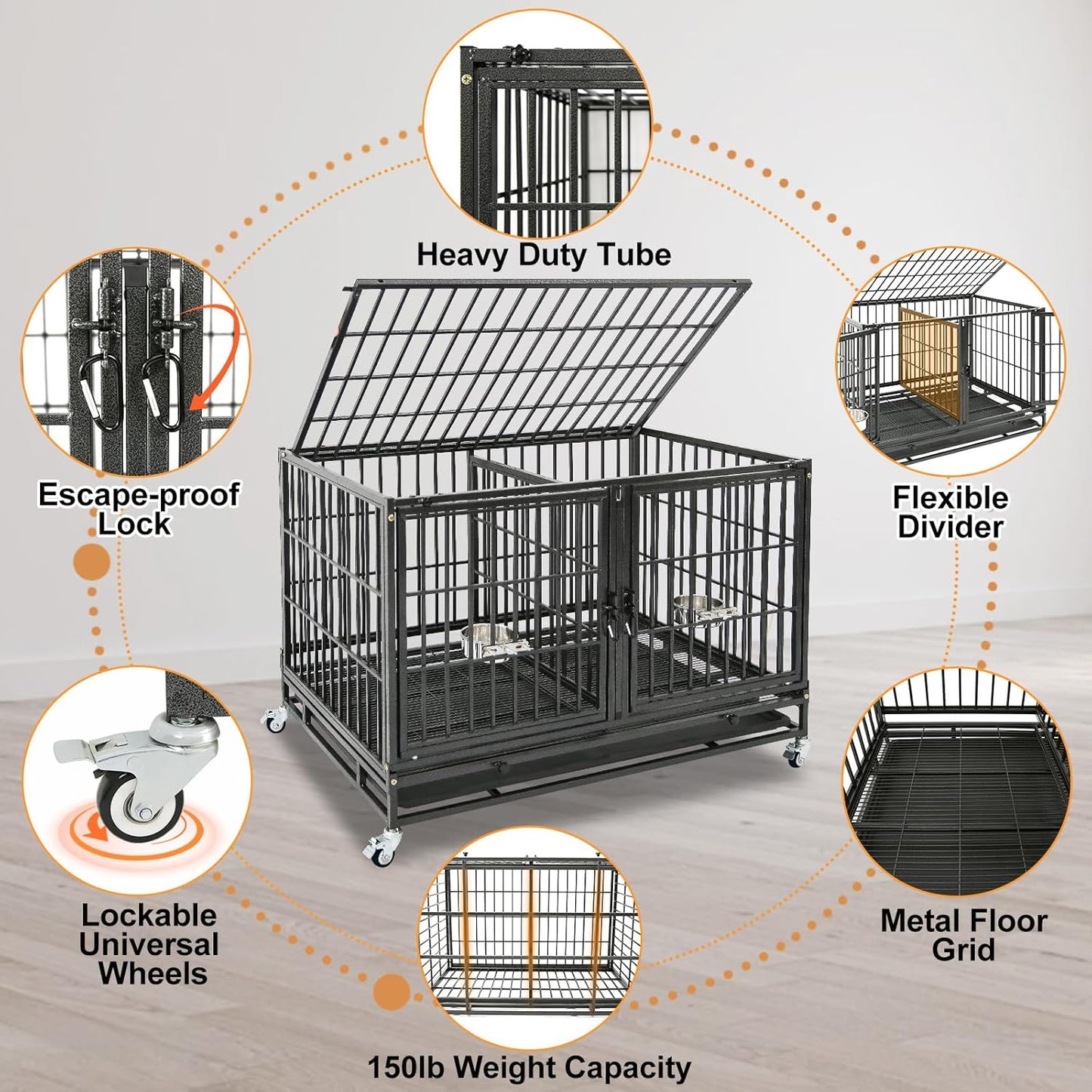 Homey Pet 4 Pack Three Tiers 43 inch Dog Crate with Wheels, Stackable Heavy Duty Indestructible Steel Dog Cage Kennel Indoor with Detachable Divider, Tray, Bowls, Escape Proof Locks