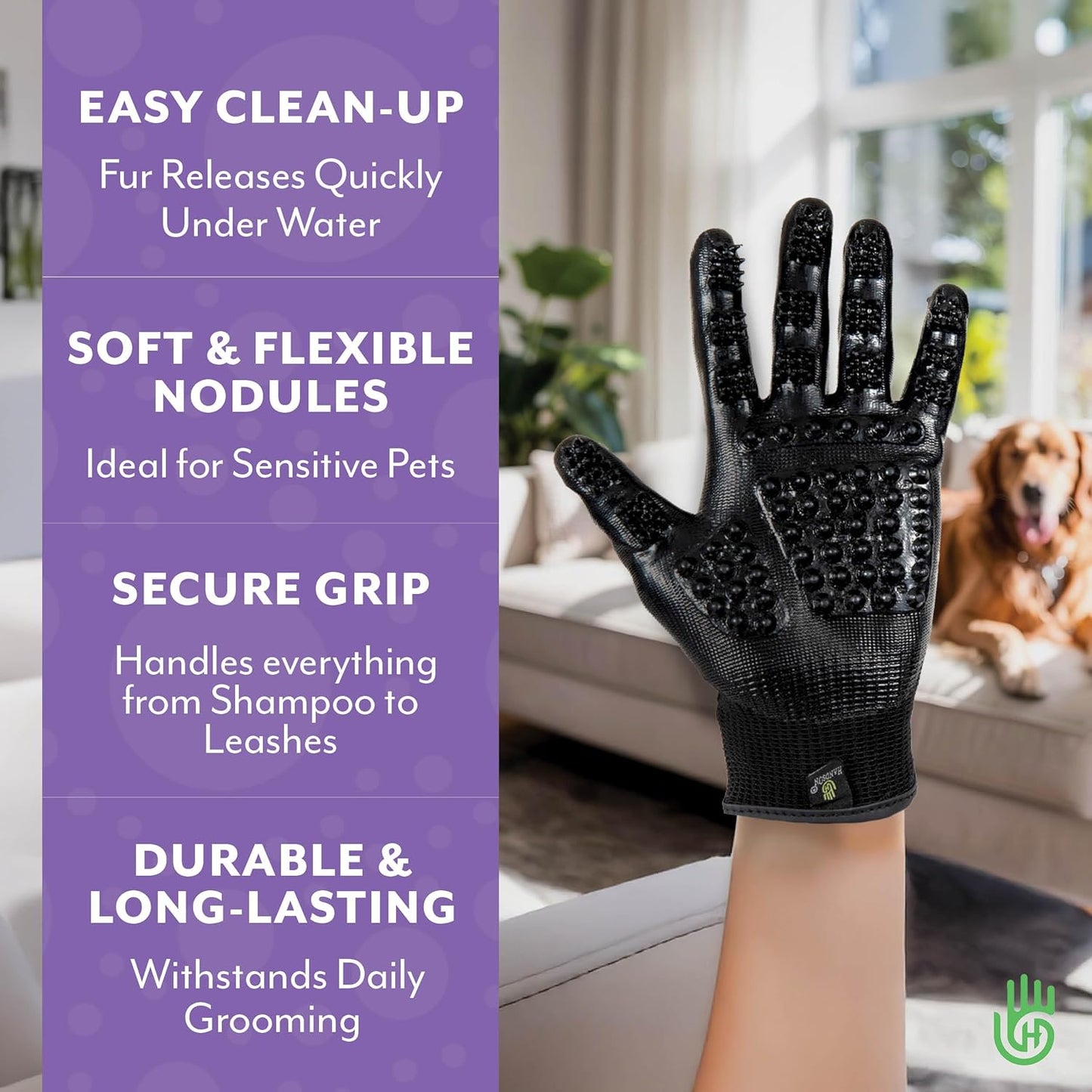 H HandsOn Pet Grooming Gloves - Patented #1 Ranked, Award Winning Shedding, Bathing, & Hair Remover Gloves - Gentle Brush for Cats, Dogs, and Horses (Black, X-Large)