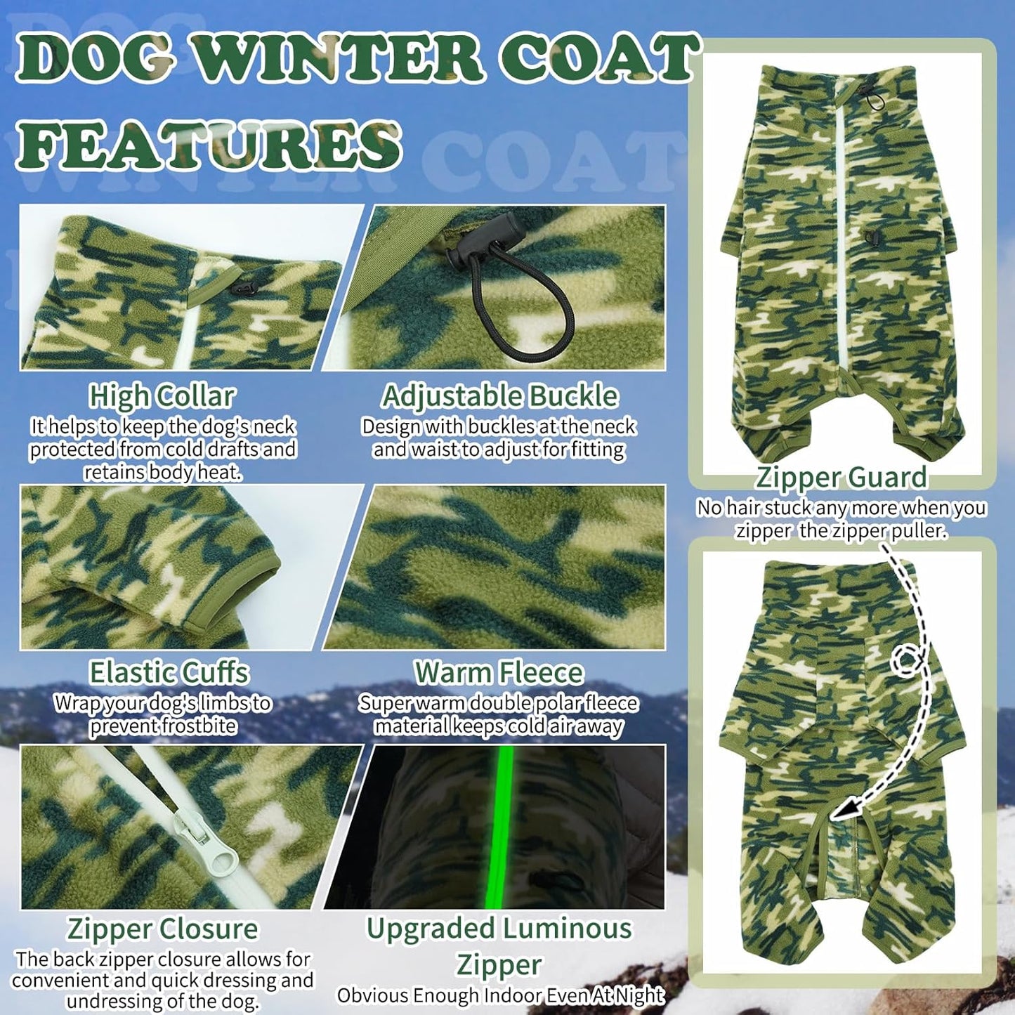 ROZKITCH Camouflage Dog Winter Coat Soft Fleece Pullover Pajamas, Pet Windproof Warm Cold Weather Jacket Vest with Luminous Zipper, Jumpsuit Apparel Outfit Clothes for Small Medium Large Dog Camo M