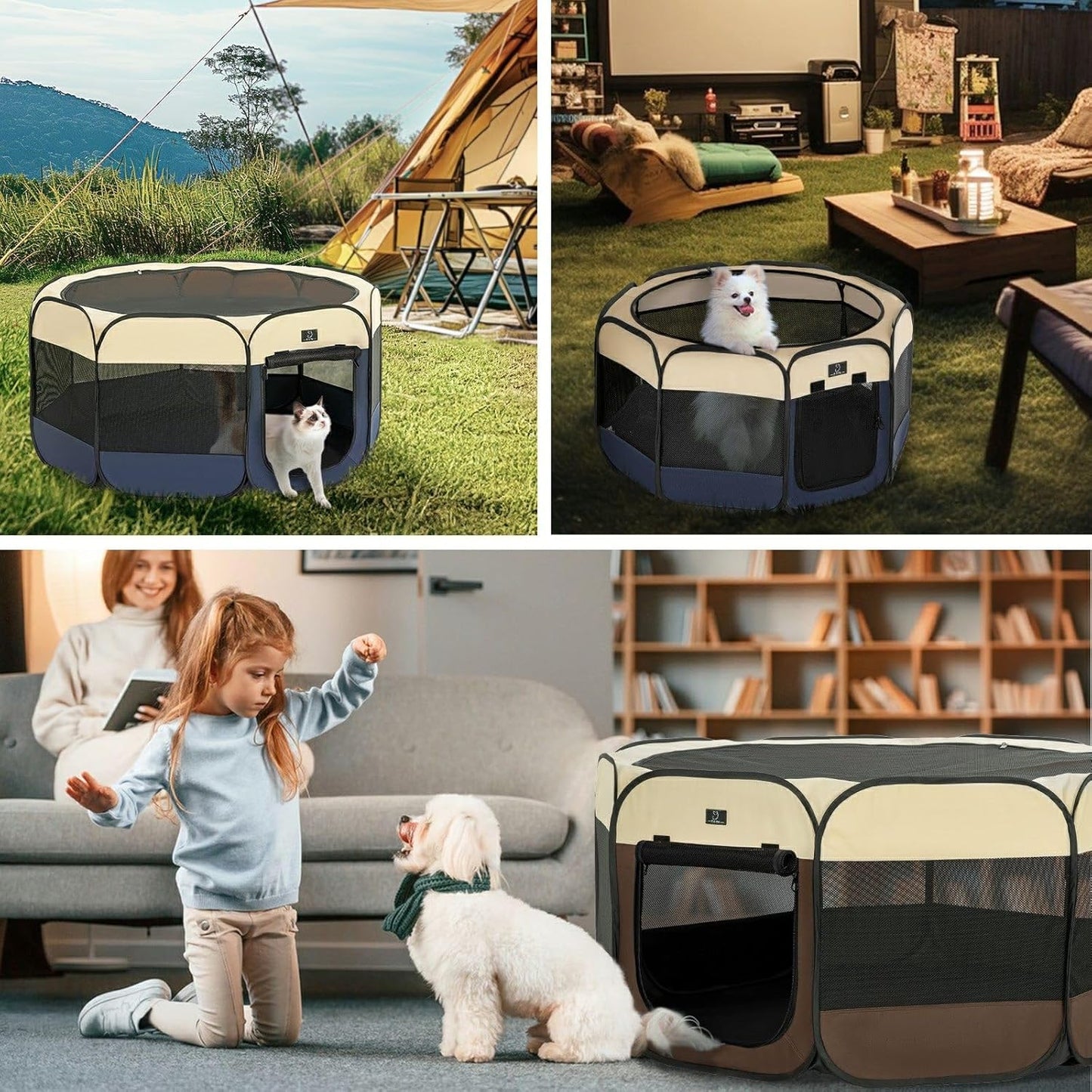 A4Pet Collapsible Playpen, 39.5” Portable Dog Playpen with Bowl, Suitable for Puppies, Kittens, and Small Animals, Removable Zipper & Mesh Panel(16”W × 10”H)