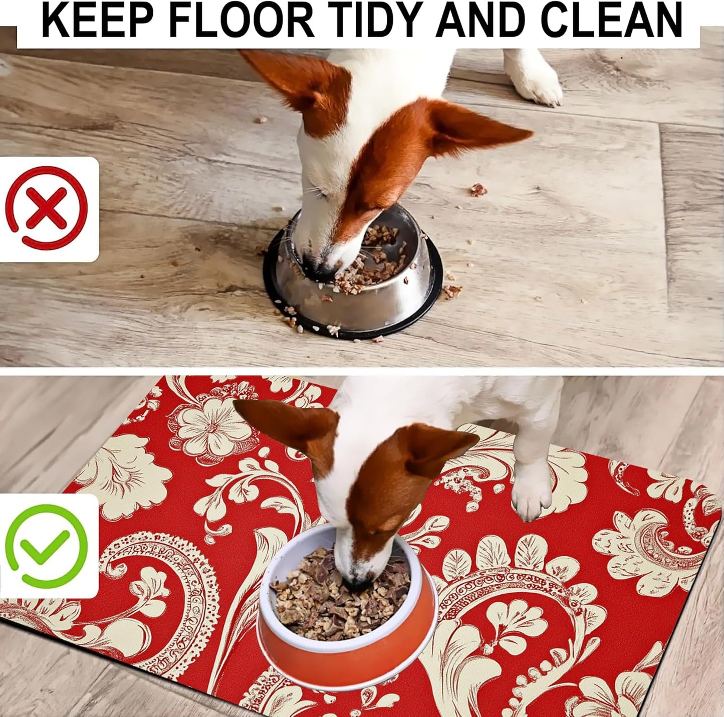 Red White Paisley Dog Food Mat-Absorbent Pet Feeding Mat for Food and Water Bowl, Quick Dry Dog Placemat with Rubber Backing-No Stains Pet Supplies for Messy Drinkers 16"x24"