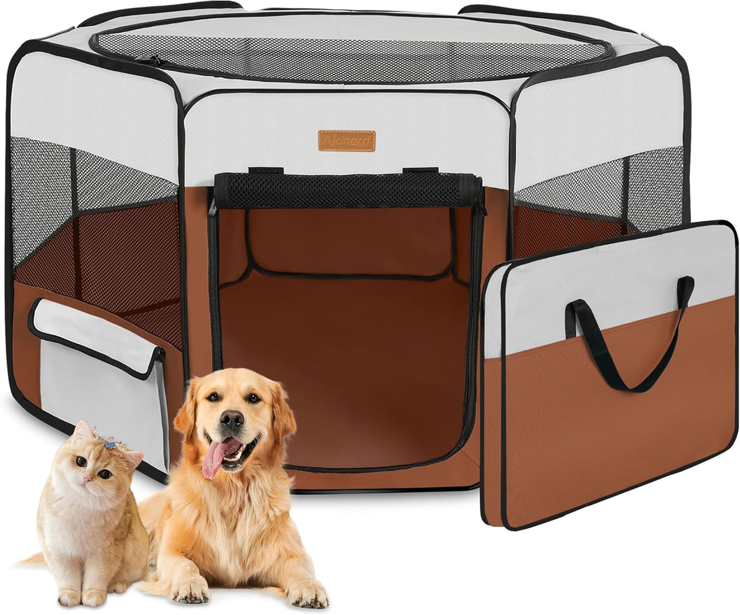 Dog Playpen, Portable Pet Play Pen for Cat, Puppies, Rabbits, Chickens, Foldable Large-Capacity Pet Tent for Indoor/Outdoor Travel Camping Brown