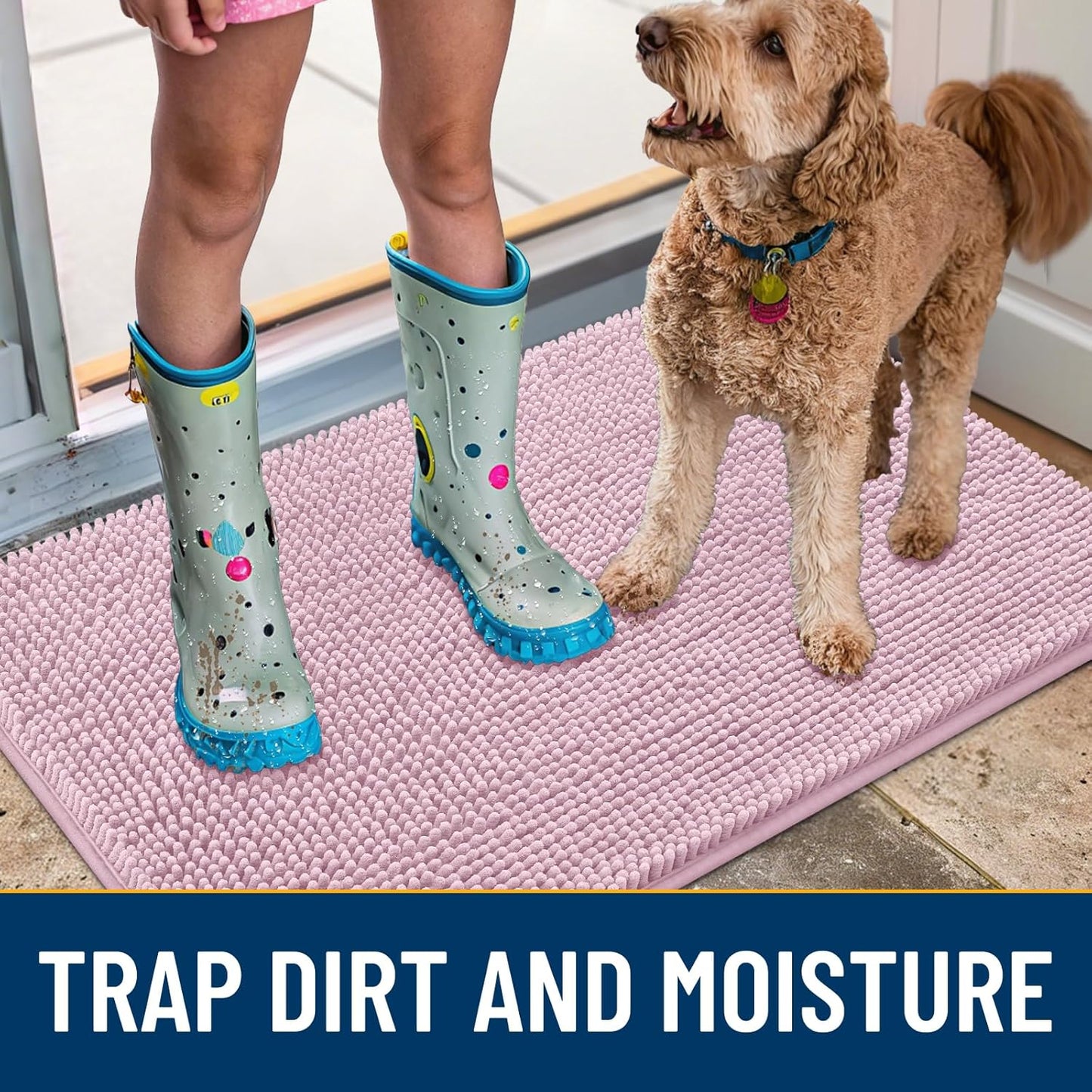 Smiry Dog Door Mat for Muddy Paws 30x20, Absorbs Moisture and Dirt Doormat, Non-Slip Washable Quick Dry Chenille Front Door Mat Indoor Entrance, Entryway Carpet for Inside Floor, Dusty Rose