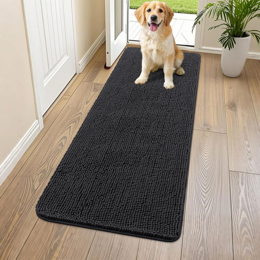 Smiry Dog Door Mat for Muddy Paws 59x24, Absorbs Moisture and Dirt Doormat, Non-Slip Washable Quick Dry Chenille Front Door Mat Indoor Entrance, Entryway Carpet for Inside Floor, Black