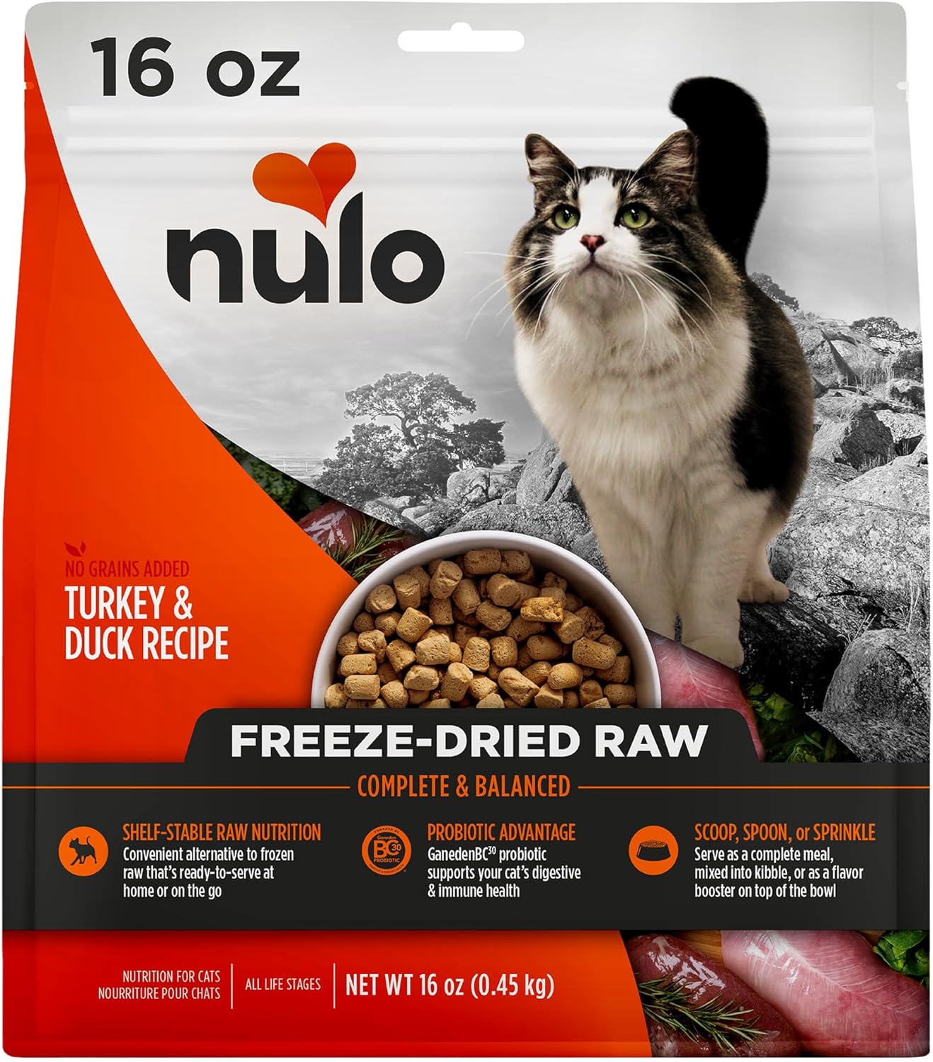 Nulo Freestyle Freeze-Dried Raw, Ultra-Rich Grain-Free Dry Cat Food for All Breeds and Life Stages with BC30 Probiotic for Digestive and Immune Health, Turkey & Duck, 16 Ounce
