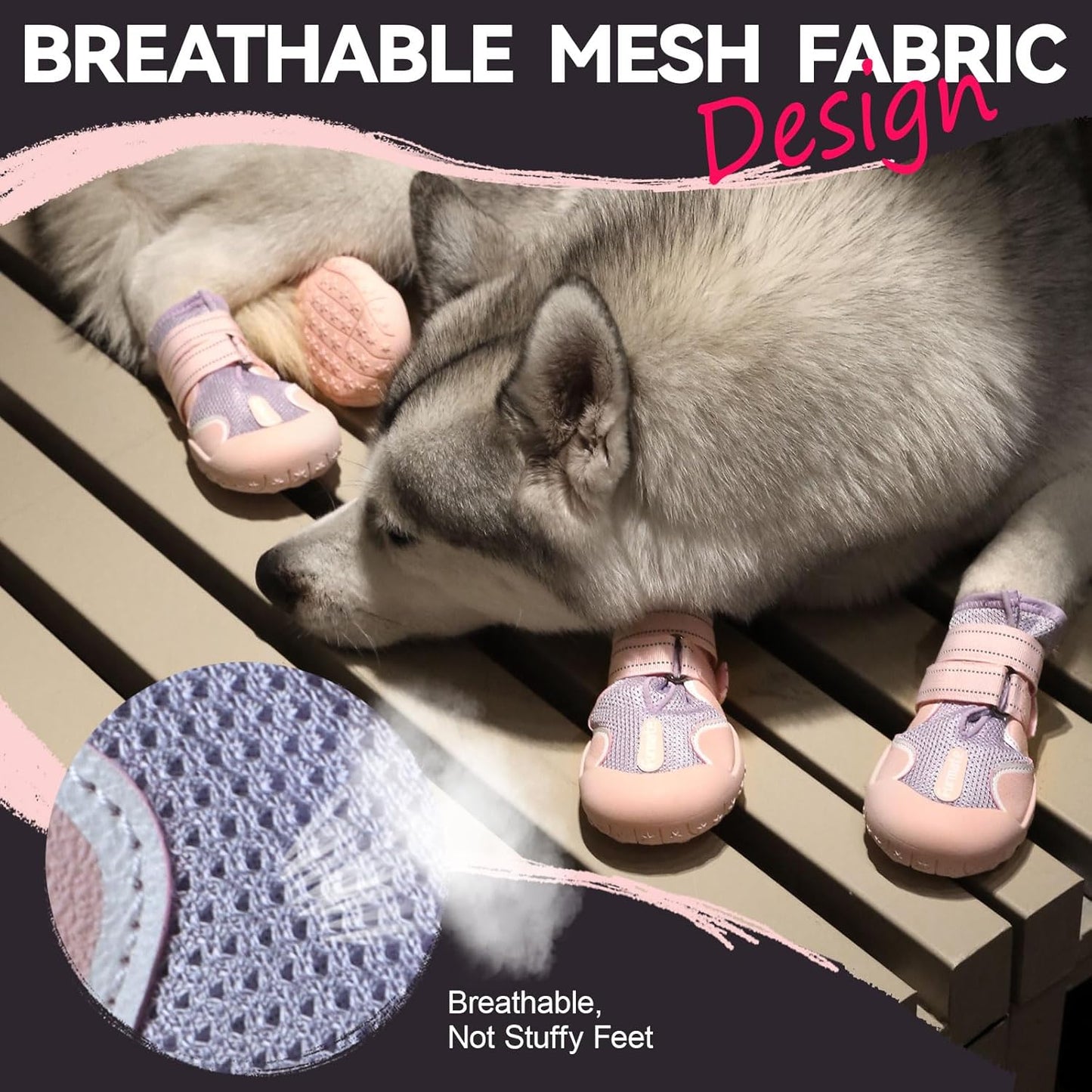 Dog Shoes for Large Small Medium Dogs, Breathable Mesh Dog Boots & Paw Protectors for Summer Hot Pavement Winter Snow, Waterproof Anti-Slip Dog Booties for Hiking Hardwood Floors(Pink-Purple2)