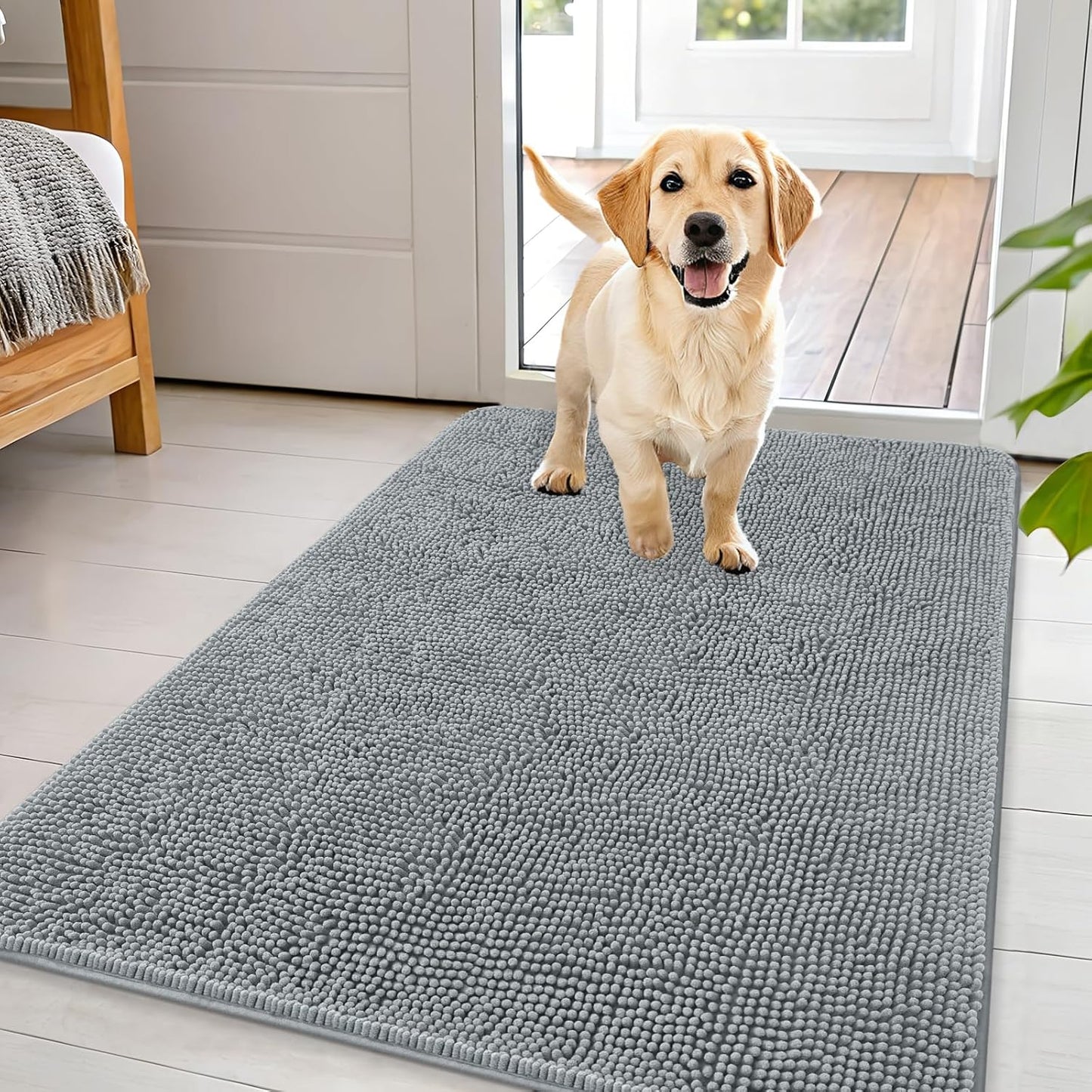 OLANLY Dog Door Mat for Muddy Paws 44x32, Absorbs Moisture and Dirt, Absorbent Non-Slip Washable Doormat, Quick Dry Chenille Mud Mat for Dogs, Entry Indoor Entryway Carpet for Inside Floor, Grey