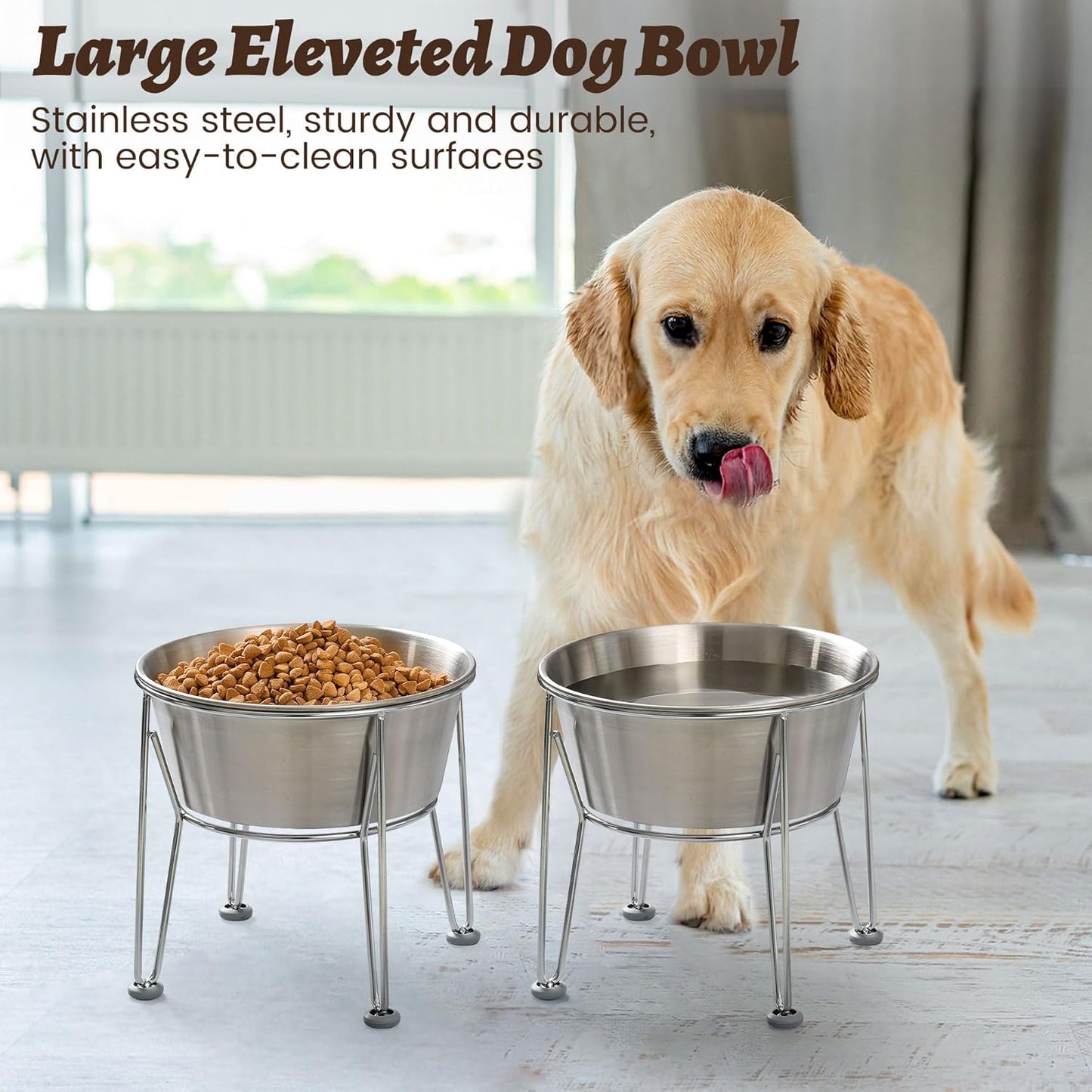 Elevated Dog Bowls for Large & Medium Dogs - Stainless Steel 64oz/8 Cup Raised Feeder with Non-Slip Base, Dual Food & Water Bowls 2-Pack