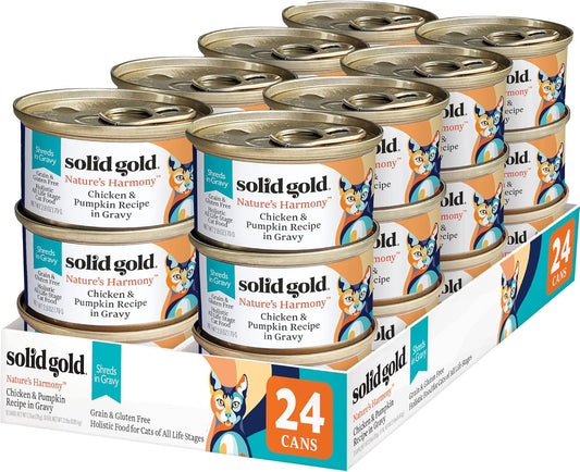 Solid Gold Wet Cat Food Shreds in Gravy - Healthy Canned Cat Food Made w/Real Chicken & Pumpkin Shreds, Vitamins & Minerals - Grain Free & Gluten Free Canned Meals for Cats & Kittens - 24ct/3oz Can