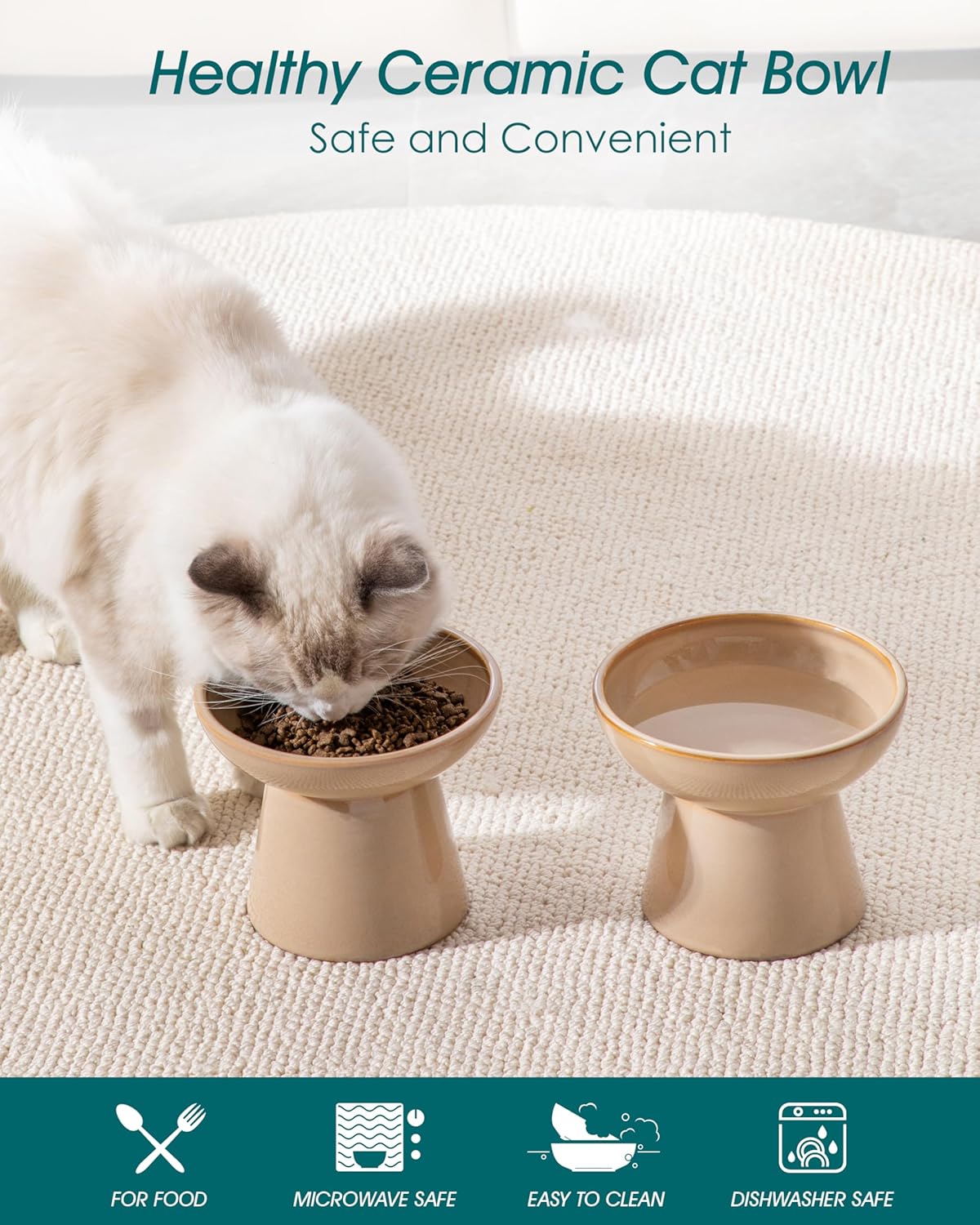 vancasso Ceramic Elevated Cat Bowls 2-Pack - 6.2" Extra Wide Raised Cat Food & Water Dishes, 5.1" Optimal Height Anti-Whisker Fatigue Shallow Bowls for Cats/Kittens/Dogs, Lead & Cadmium Free (Brown)