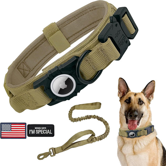 Tactical AirTag Dog Collar Leash Set - Heavy Duty, Adjustable GPS Collar Compatible with Apple AirTag, with Holder & Control Handle for Medium/Large Dogs [ Brown, M ]