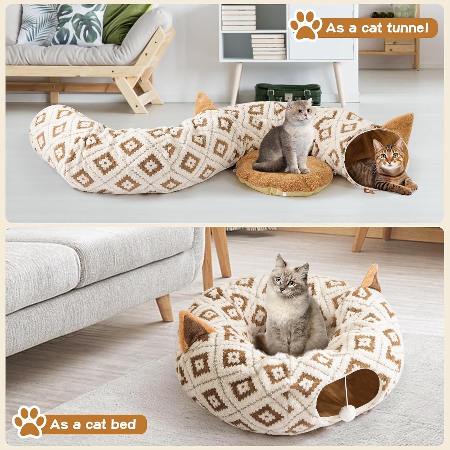 Cat Tunnel Bed for Indoor Cats, Cat Donut Tunnel with Washable Cushion, Peekaboo Cat Cave Toy, Multifunctional Playground Toys for Kittens, Rabbit, Brown Jacquard Pattern