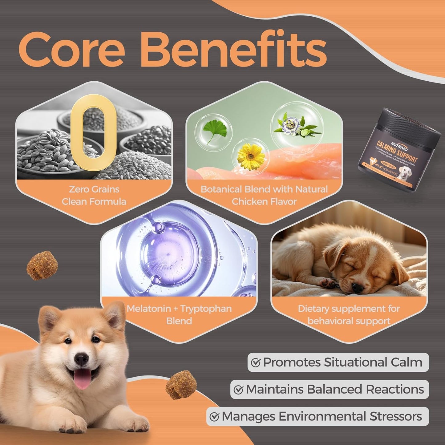 Calming Chews for Dogs with Melatonin Dog Calming Treats - Anxiety and Stress Relief Treats Melatonin Bites Sleep Aid for Small/Medium/Large Dogs Chicken Flavor-300g