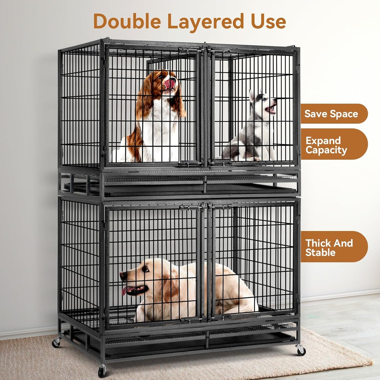 Oranland 48 inch Wire Dog Crate with Divider,2025 New Upgraded Stackable Dog Crate for Nursing Mother Dogs & Puppies,Large Dog Kennel with Reinforced Frame,Sturdy Locks Design/Removable Tray