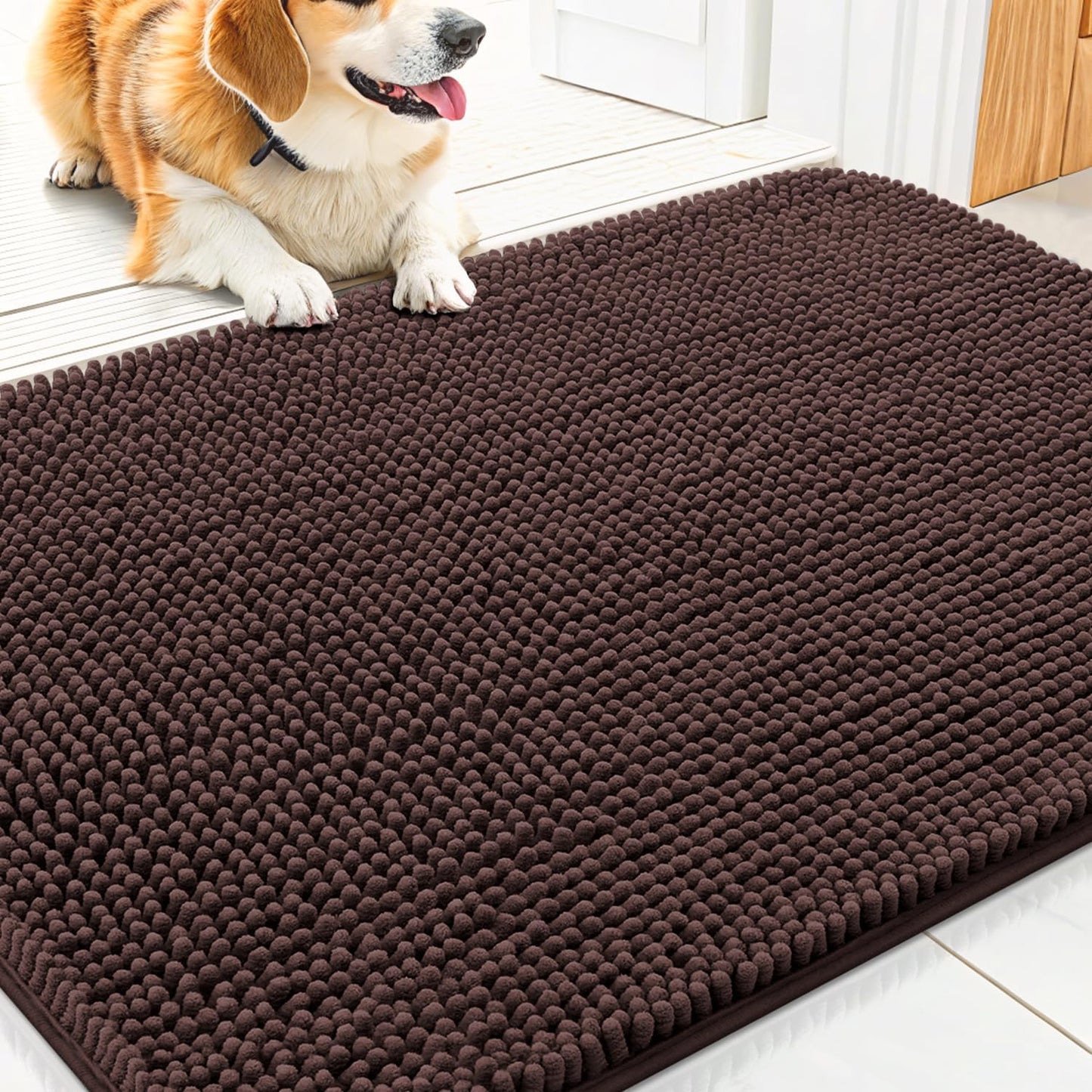 Smiry Dog Door Mat for Muddy Paws 30x20, Absorbs Moisture and Dirt Doormat, Non-Slip Washable Quick Dry Chenille Front Door Mat Indoor Entrance, Entryway Carpet for Inside Floor, Brown