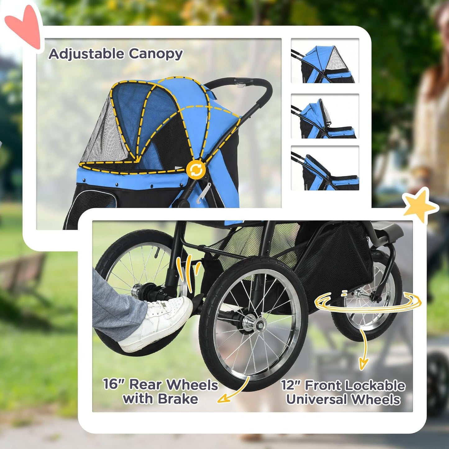 PawHut 3 Wheels Pet Stroller for Small and Medium Dogs, Foldable Cat Stroller Jogger with Adjustable Canopy, Safety Tether, Cushion, Storage Basket, Blue