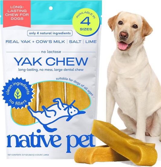 Native Pet Yak Cheese Himalayan Dog Chews - Long Lasting Dental Sticks for Large Breeds – 100% All Natural Himalayan Yak Chews for Large Dogs – Cheese Bone for Aggressive Chewers - 3 Per Pack
