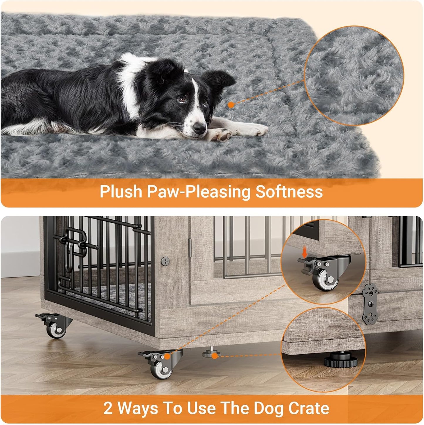 Lulive Large Dog Crate Furniture, 38'' Wooden Dog Crate End Table, Double Door Dog Kennel Indoor with Cushion & Wheels, Decorative Dog Cage House Chew-Resistant for Large/Medium, Grey