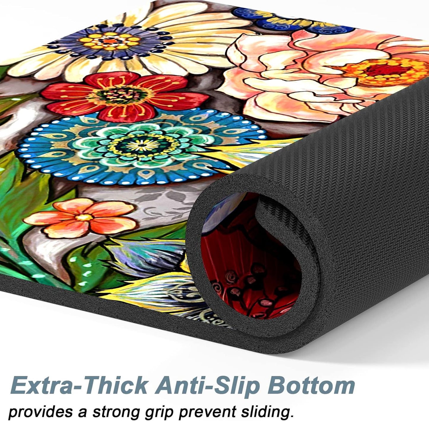 Rnivvi Dog Food Mat, 12" x 19" Flower Absorbent Dog Cat Bowl Mat for Food and Water, Cute Anti-Slip Rubber Pet Feeding Rug Protect Floors, Puppy Placemat for Feeding & Watering Supplies,Mandala Floral