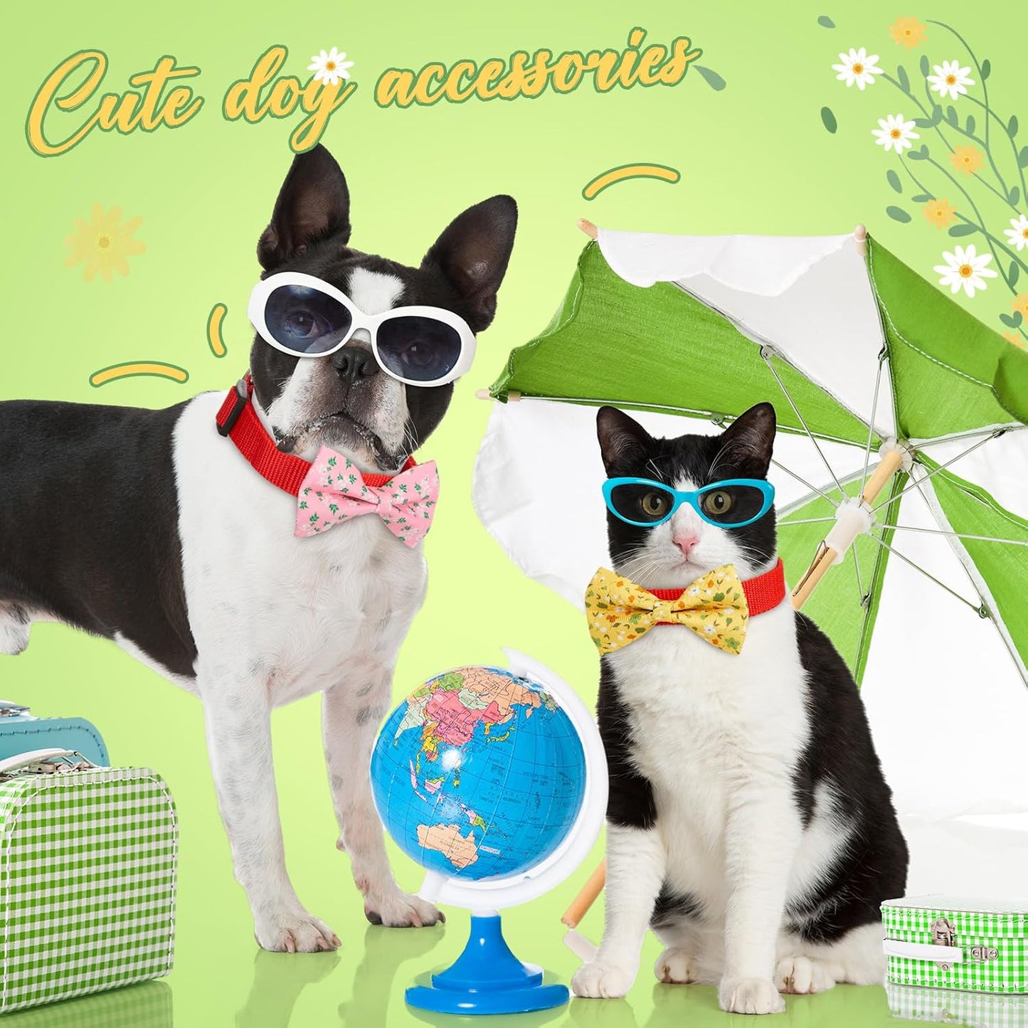 Hillban 50 Pieces Floral Collar Dog Bow Ties Flower Dog Collar Accessories Bow Ties Attachment with Elastic Bands Detachable Charms for Pets Accessories Summer Costume