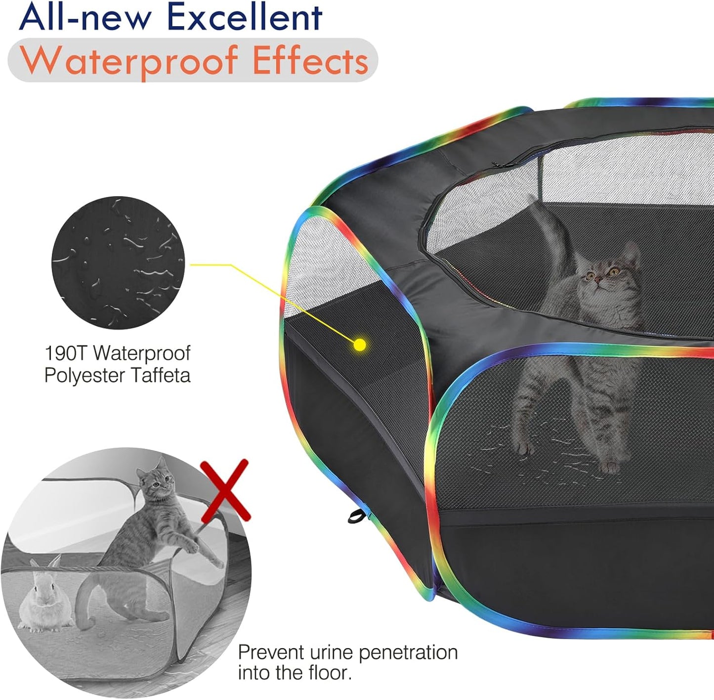 Pawaboo Small Animals Playpen, Waterproof Small Pet Cage Tent with Zippered Cover, Portable Outdoor Yard Fence with 3 Metal Rod for Chick/Kitten/Puppy/Guinea Pig/Rabbits/Hamster, Black + Rainbow