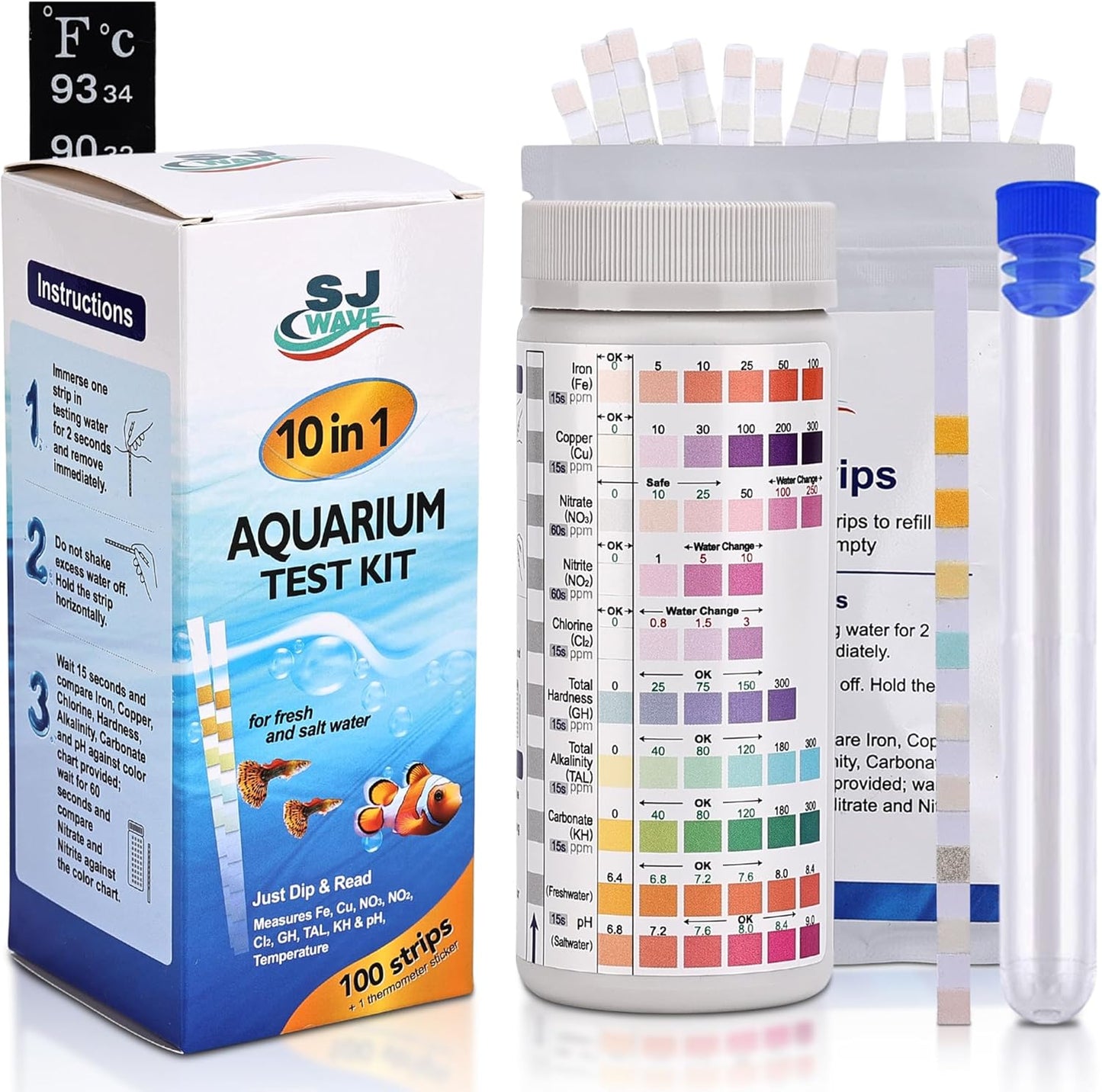 10 in 1 - Aquarium Test Strips | 100 Fast & Accurate Strips | Fish Tank Aquariums Water Test Kit & ebook | Aquarium Thermometer | Fish Tank Water Testing Kit for Fresh & Saltwater | Versatile Usage