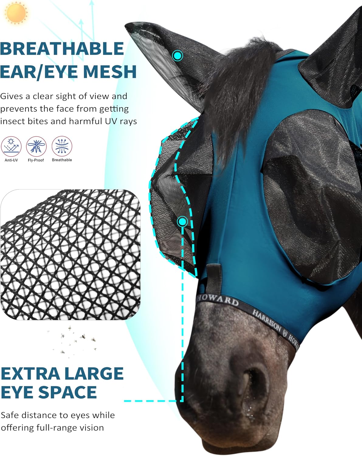 Harrison Howard Horse Fly Mask with Forelock Opening Stretch Breathable and Comfortable for Horses UV -Protection Peacock Blue L
