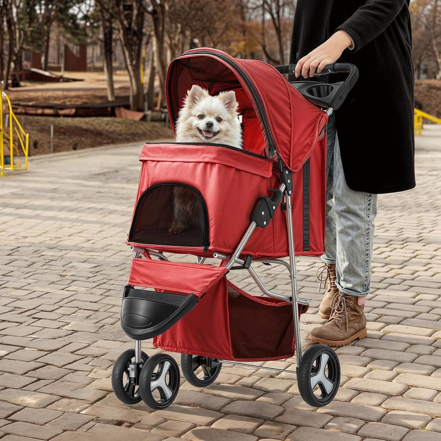 MoNiBloom 3 Wheels Pet Stroller, Foldable Puppy Cage Jogger Stroller with Weather Cover for All-Season, Storage Basket and Cup Holder, Breathable and Visible Mesh for Small/Medium Pets, Red