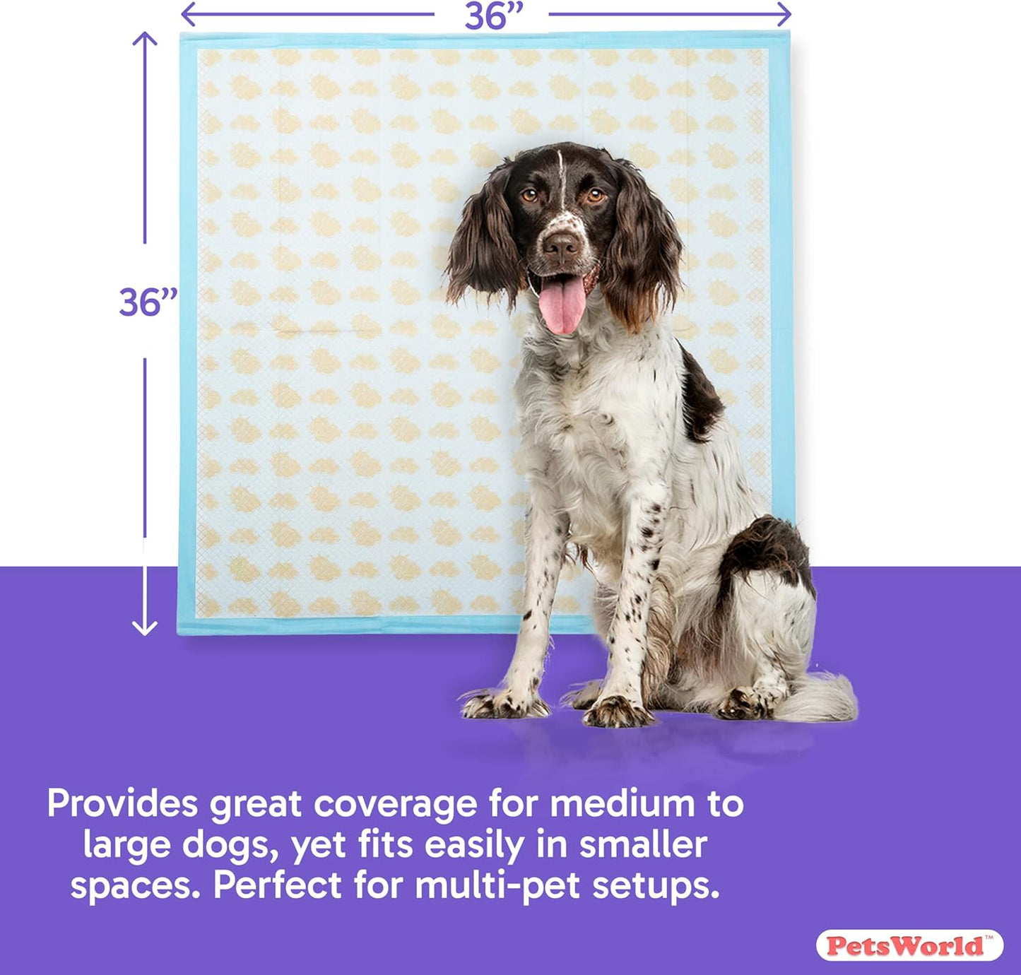 PETSWORLD Giant Dog Potty Pads, Odor-Eliminating, 36" x 36", Ultra Absorbent 5-Layer Leak-Proof Training Pads for Dogs & Cats (36x36 Health Indicating, 100 Count)